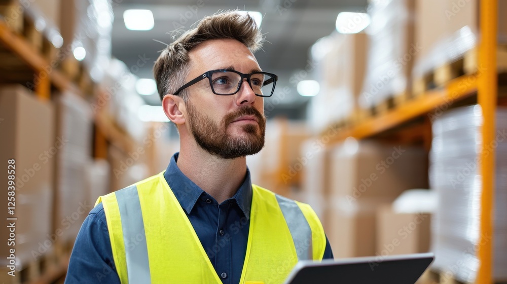 A warehouse worker in a safety vest assesses inventory while holding a tablet, surrounded by stacked boxes and shelves. A warehouse worker in a safety vest assesses inventory while holding a tablet, surrounded by stacked boxes and shelves.