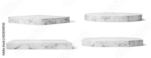 Realistic marble podium stands, square and round column platforms, isolated 3D vector. Exhibition podium stage or display pedestal and product showcase with white black marble stone texture