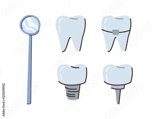 Stomatology and dental care set. Vector isolated types of tooth implants and mirrors. Brackets and veneers, mirror for examination of cavities. Clinic or hospital tools and treatment options