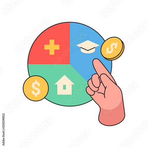 Financial control and management, personal assets budgeting, flat cartoon vector illustration. Isolated pie diagram with categories for spending, education and housing or mortgage icon