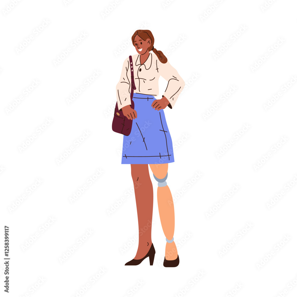 Disabled young woman with prosthetic leg, isolated employee in company or organization. Vector flat cartoon character, female personage wearing business suit, worker or staff, manager or leader Disabled young woman with prosthetic leg, isolated employee in company or organization. Vector flat cartoon character, female personage wearing business suit, worker or staff, manager or leader