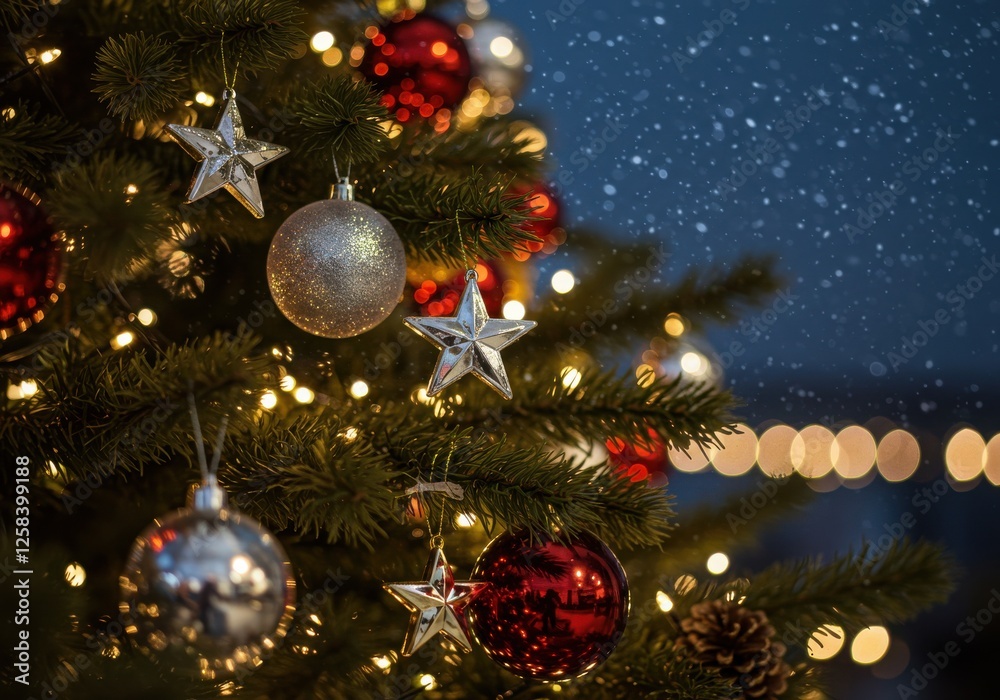 Christmas tree, ornaments, baubles, stars, pine cones, twinkling lights, bokeh background, festive atmosphere, night sky, close-up detail Christmas tree, ornaments, baubles, stars, pine cones, twinkling lights, bokeh background, festive atmosphere, night sky, close-up detail