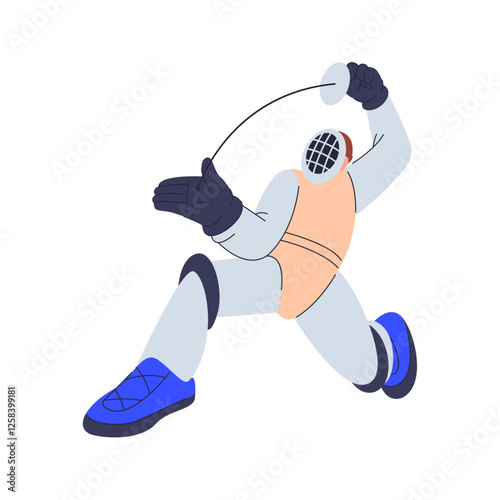 Fencer with sword wearing uniform and protective helmet, flat cartoon vector illustration. Isolated fencing professional, sportsman practicing for competition. Fun and recreation hobbies