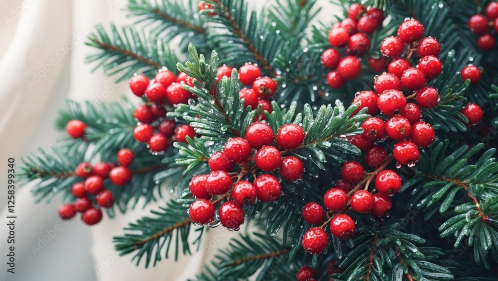 Fototapeta premium Festive close up of evergreen branches with vibrant red berries.