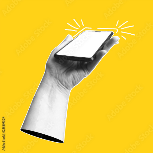 Collage with hand holding smartphone. Trendy banner with  human palms and mobile phone. Modern pop art with halftone effects. Vector  illustration.