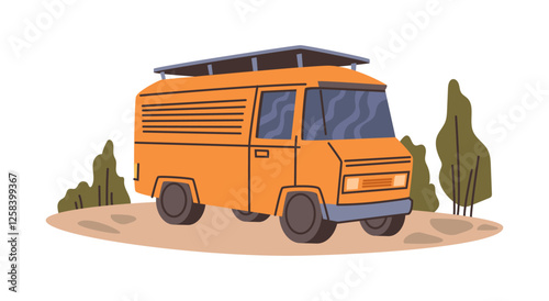 Caravan for passengers, isolated RV car for traveling long distance. Vector modern camper with conveniences for travelers. Trailer life, bus or big automobile with space for sleep. Vehicle on road