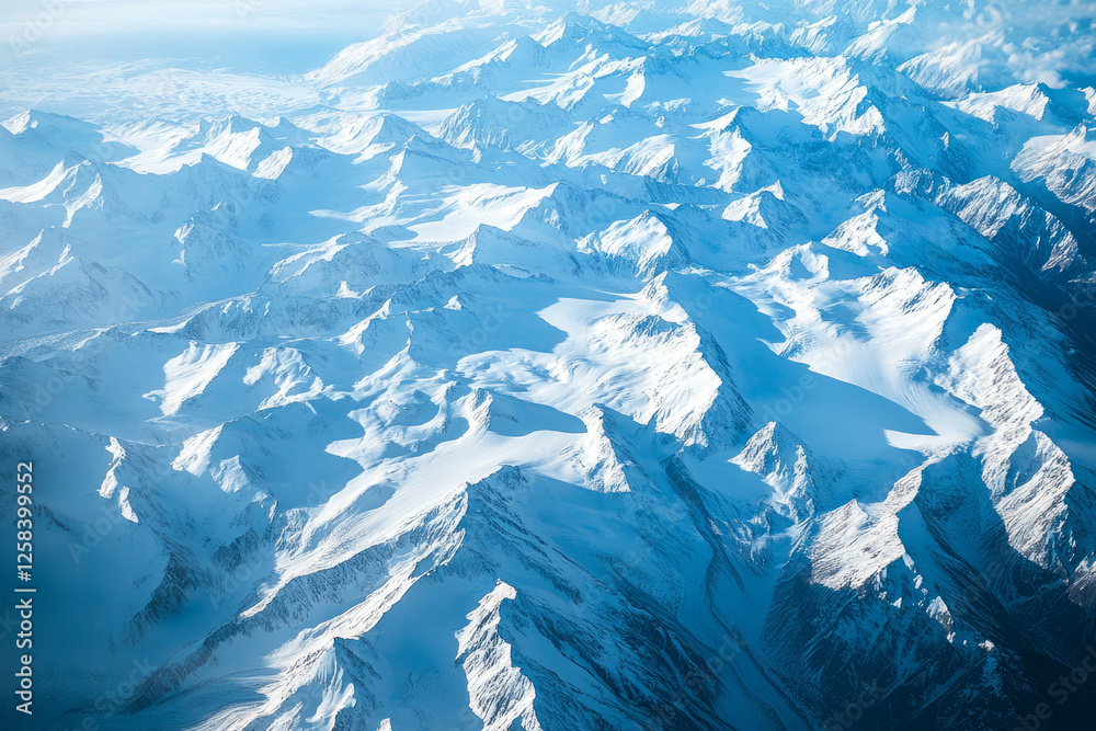 Fototapeta premium Aerial perspective of glacier textures, with sharp icy blue contrasts against deep white snow-covered mountains.