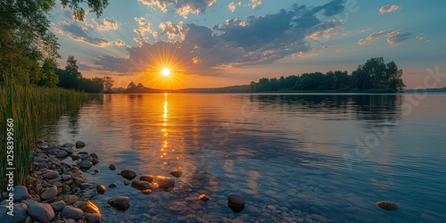 Picturesque svitanok on the lake shore. Wallpaper background. Nature of the cover.