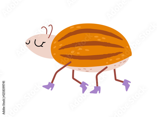 Funny striped colorado potato beetle insect wearing shoes, isolated smiling leptinotarsa decemlineata walking. Vector garden plant pest, harmful bug insect agriculture, fly parasite animal with wings