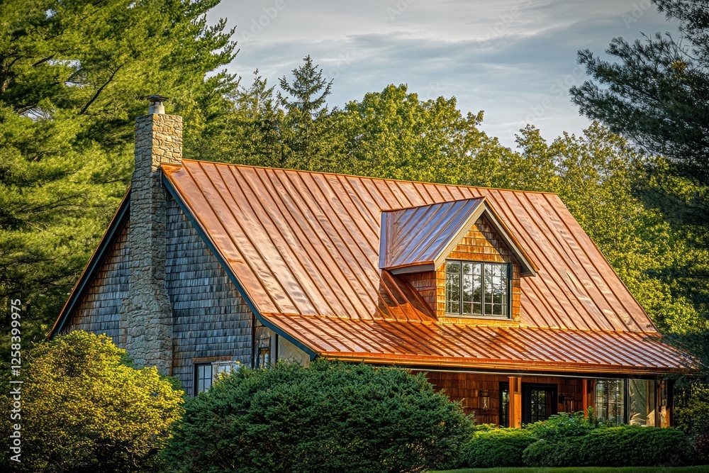 Private house with a shiny copper roof surrounded by trees in a serene setting Private house with a shiny copper roof surrounded by trees in a serene setting