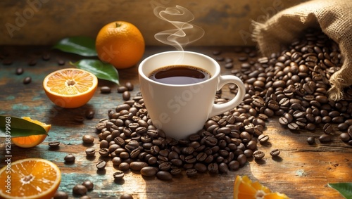 Aromatic Coffee Cup Placed on a Rustic Wooden Table Surrounded by Beans and Fresh Oranges. photo