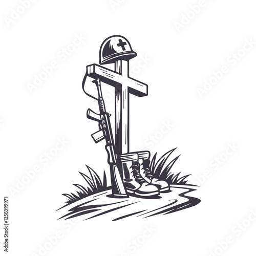 Fallen soldier memorial silhouette. American Independence or Memorial day Vector Clipart Illustration background.