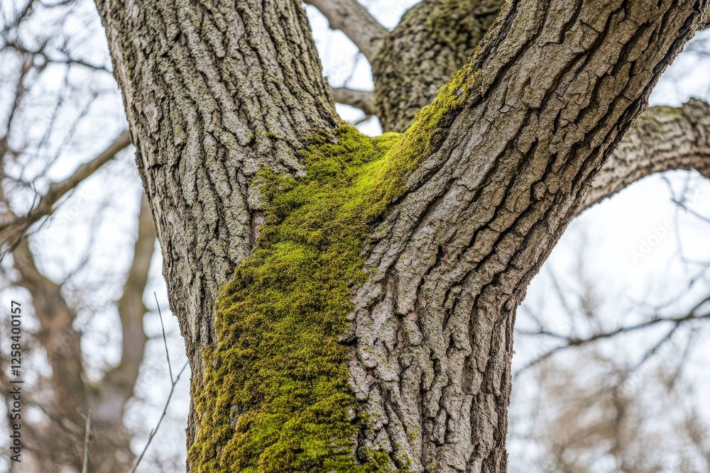 Macro shot of mossy tree trunk, soft green moss covering a bark with natural roughness and earthy tones. Macro shot of mossy tree trunk, soft green moss covering a bark with natural roughness and earthy tones.