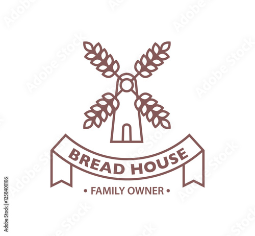 Bread house logotype, family owner business. Vector isolated simple logo with mill and wheat ears, a banner ribbon with copy space. Baker production and local organic producers of pastry photo