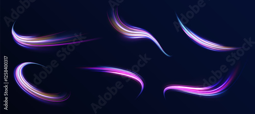 Colored shiny sparks of spiral wave. Curved bright speed line swirls. Shiny wavy path. Rotating dynamic neon circle. Magic golden swirl with highlights. Glowing swirl bokeh effect. vector png