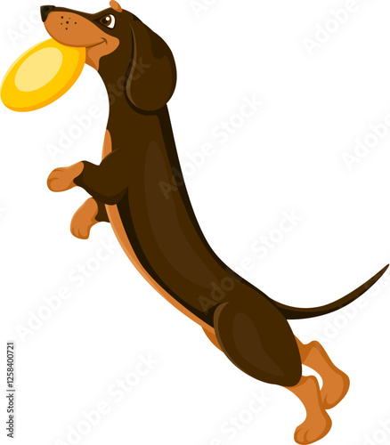 Dachshund dog puppy cartoon happy character. Dog pet cute character, dachshund puppy friend isolated vector funny personage. Animal pet happy mascot or funny personage jumping and playing with frisbee