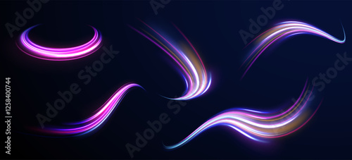 Colored shiny sparks of spiral wave. Curved bright speed line swirls. Shiny wavy path. Rotating dynamic neon circle. Magic golden swirl with highlights. Glowing swirl bokeh effect. vector png