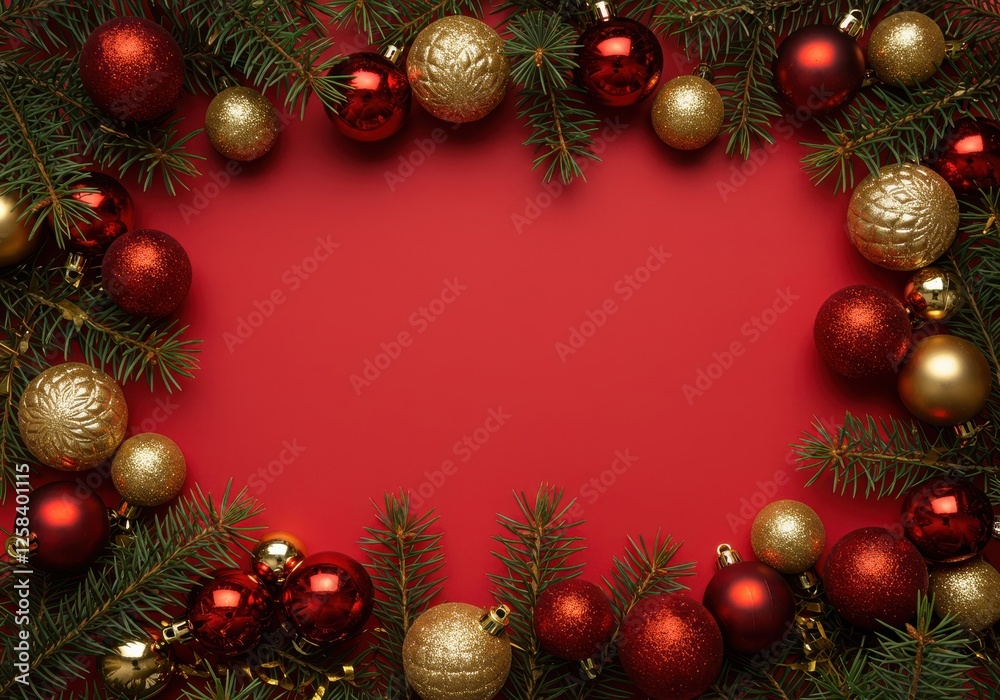 Christmas theme, festive background, red backdrop, pine branches, ornate baubles, gold and red ornaments, holiday decorations Christmas theme, festive background, red backdrop, pine branches, ornate baubles, gold and red ornaments, holiday decorations