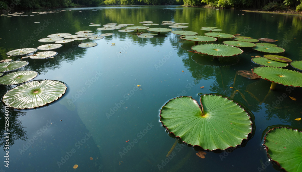 Serene pond with water lilies and green leaves, tranquil atmosphere, natural beauty, reflection