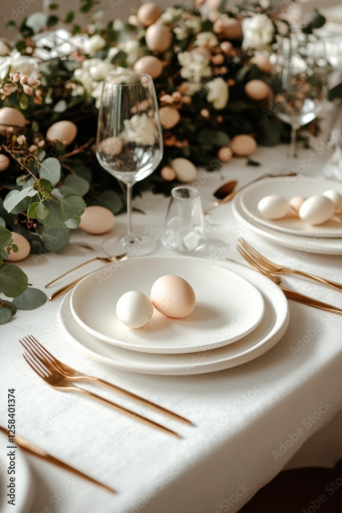 Elegant easter table setting with white plates, golden cutlery, and floral decorations Elegant easter table setting with white plates, golden cutlery, and floral decorations
