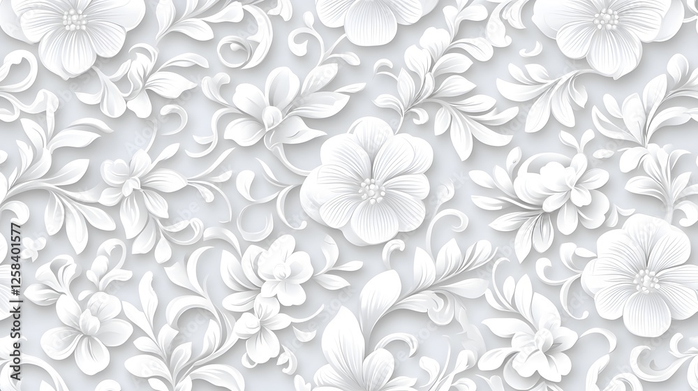 Fototapeta premium Elegant Floral Pattern in White Relief Design for Background Use