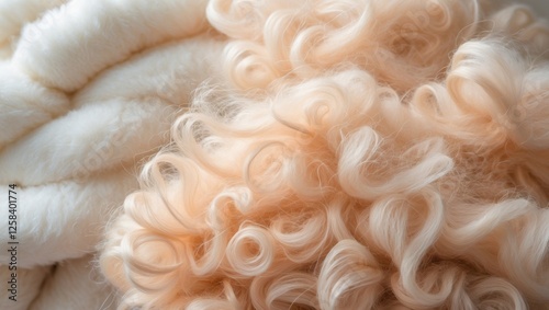 Soft white texture background cotton wool light sheep wool close up fluffy fur beige toned wool delicate peach tinted fur photo