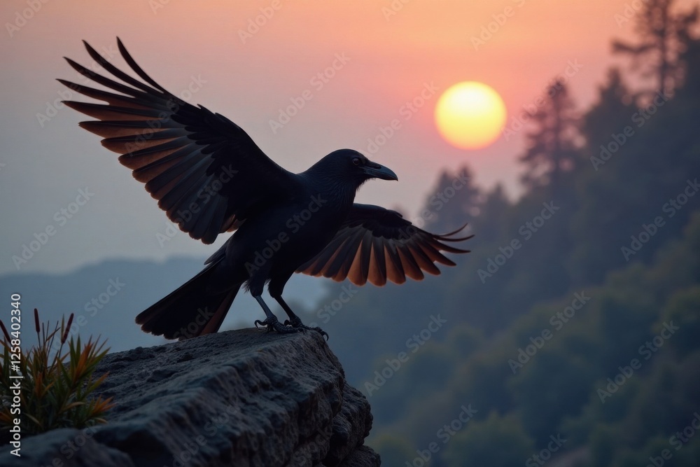Fototapeta premium Perched crow silhouette in flight, black and white, , bird silhouettes