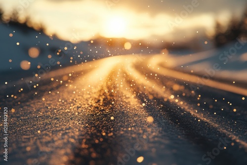 A car's snowplow is moving across the fresh, pristine white snowy surface of an icy road,