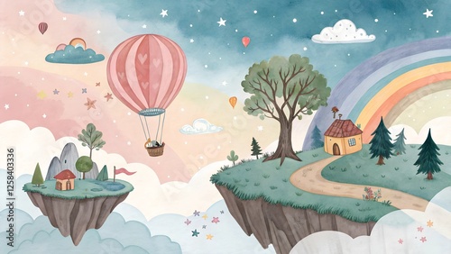 a whimsical and dreamy illustration of a fantasy landscape in the sky.