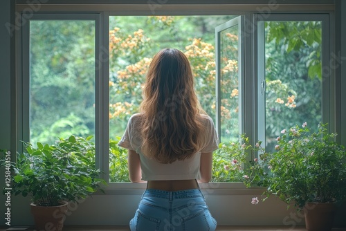 Free Download Woman opens window for fresh air and natural light in cozy indoor space - GFXLoad
