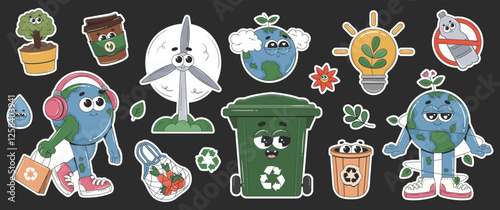 Eco friendly sticker collection with groovy cartoon characters. Zero waste, recycle, save Earth, less plastic concepts. Ecology, environmental protection. Vector set elements.