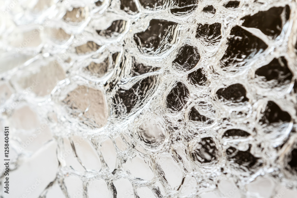 Naklejka premium Macro shot of shattered glass texture, intricate web of cracks forming complex geometric patterns.