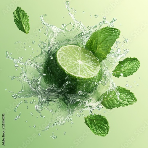 Fresh lime with mint in splashing water.