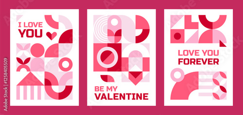 Valentines day posters with geometric shapes. Holiday greeting cards with abstract patterns and romantic phrases like love you forever, I love you, and be my valentine. Vector cards for greetings