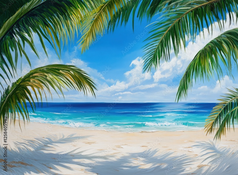 Fototapeta premium Two wooden sun loungers under an umbrella on the white beach of Alcove Bay in Olomoucky Kraj, Zumaluzi, with palm trees and a blue sky. 