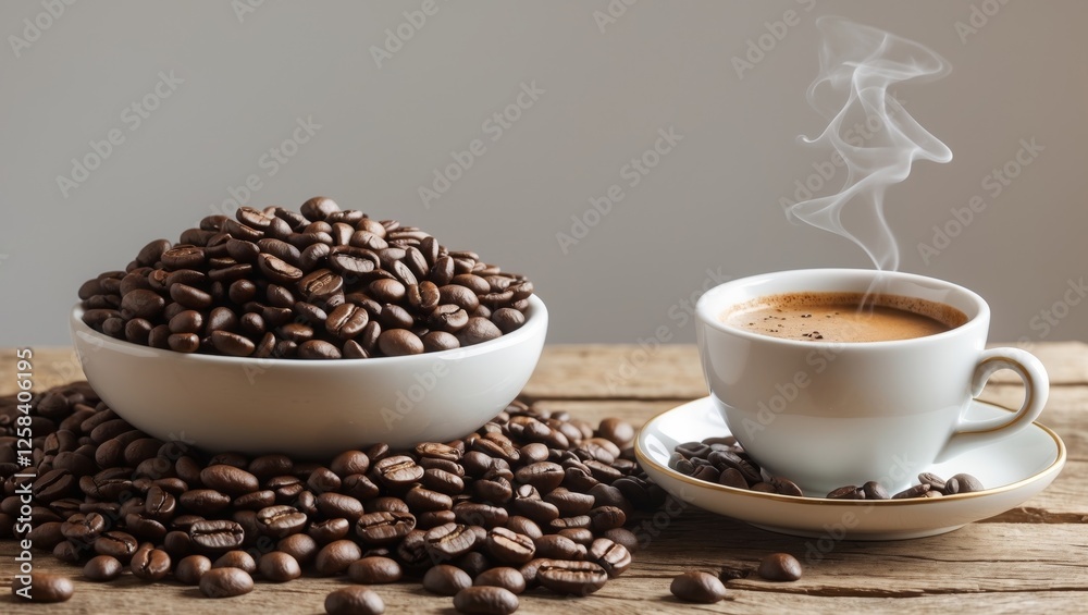 Coffee beans in white bowl next to a white cup of hot coffee on rustic wooden table with Copy Space for text. Coffee beans in white bowl next to a white cup of hot coffee on rustic wooden table with Copy Space for text.
