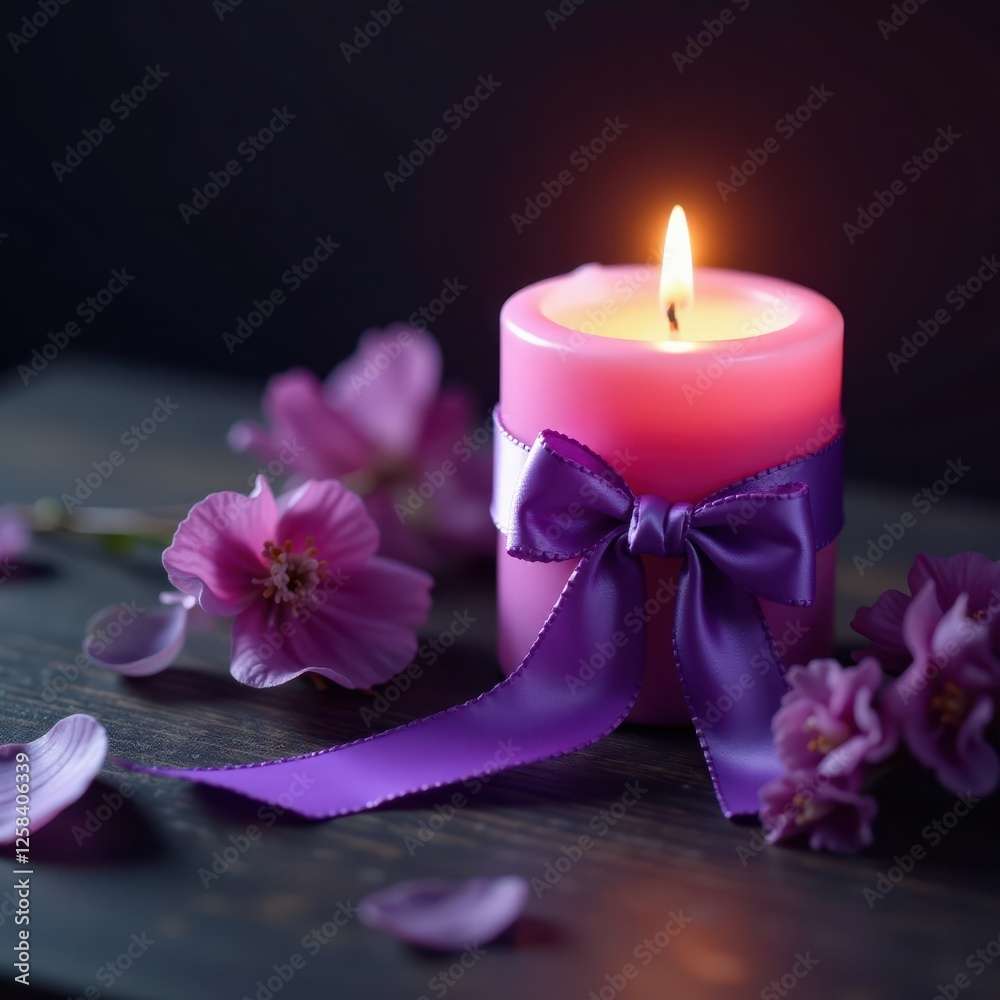Purple ribboned candle glows softly on dark wood , still life photography, ambiance, magic Purple ribboned candle glows softly on dark wood , still life photography, ambiance, magic