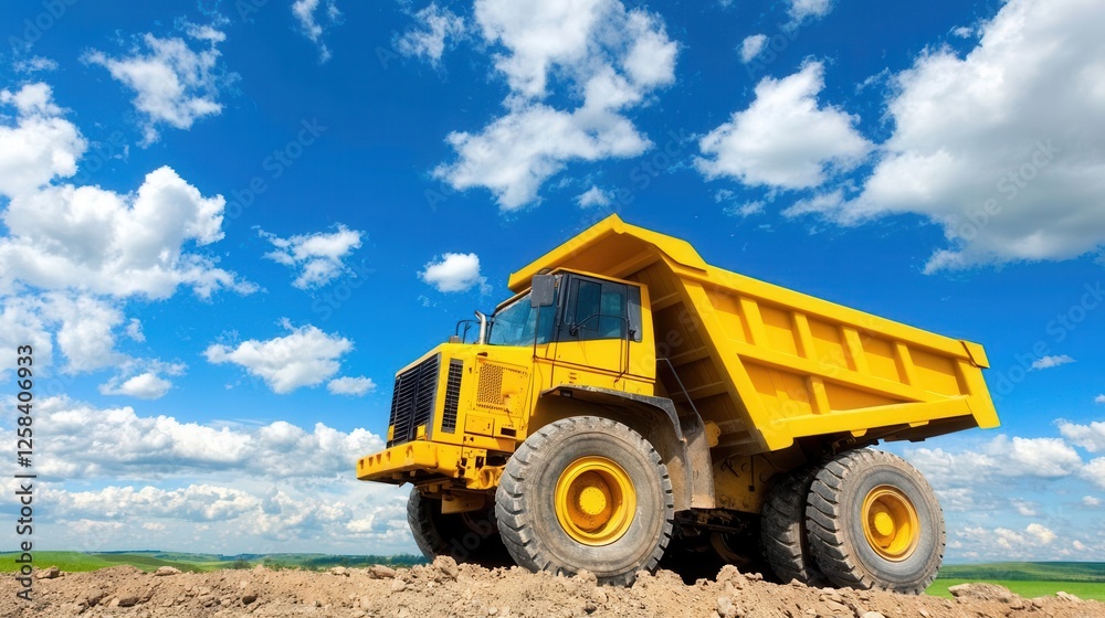 Heavy-duty dump truck operating in open field construction site vehicle bright sky low angle machinery in action Heavy-duty dump truck operating in open field construction site vehicle bright sky low angle machinery in action