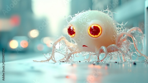 Strange cell creature on urban background. Possible use Science fiction, biology, illustration photo