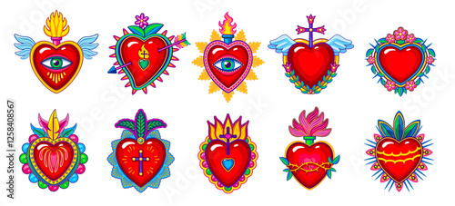 Mexican sacred heart tattoos with vector fire flames, eyes, flowers and wings, arrows, feather crown, thorns and crosses. Mexico and catholic religion sacred love symbols of cartoon mexican hearts