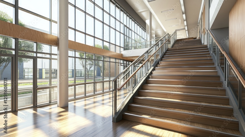 Obraz premium Modern Architecture: Sunlit Staircase in a Glass-Walled Building