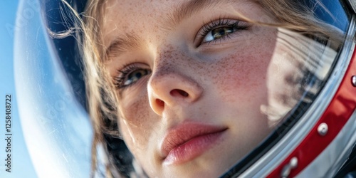 Young caucasian female child in astronaut helmet gazing thoughtfully. Cosmonautics Day photo