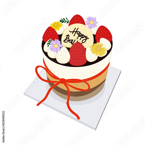Caramel layered birthday cake on top with fresh cream, strawberries, and edible flowers.