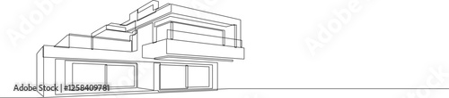 One continuous line drawing of flat roof house or shop. Minimalist style black linear sketch of modern building isolated on white background. Vector illustration.