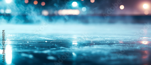 Professional ice hockey rink with dramatic lighting, fog, skate marks. Panoramic scene with winter sports arena for competition, championship. Sport background.Generative ai photo