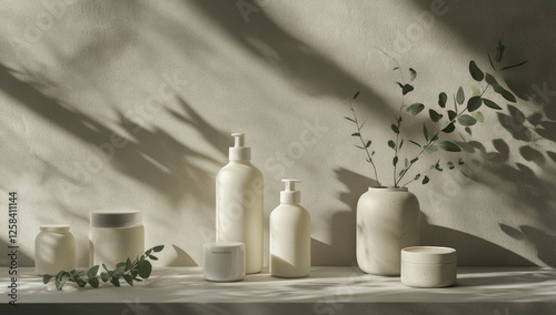 A composition of eco-friendly beauty products, including white bottles and jars with natural ingredients like eucalyptus leaves or olive oil,