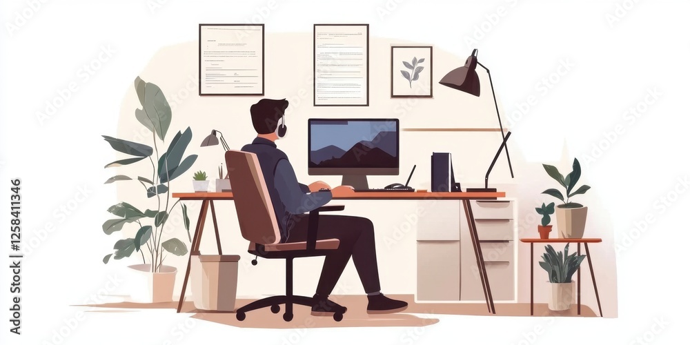 Fototapeta premium Young caucasian male working at home office desk with plants and computer