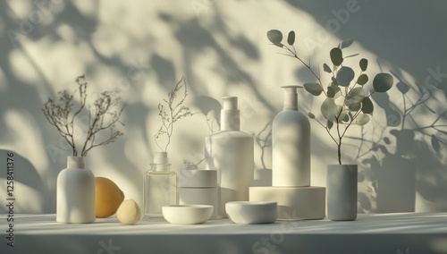 A composition of eco-friendly beauty products, including white bottles and jars with natural ingredients like eucalyptus leaves or olive oil,