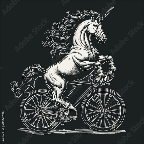 Mythical unicorn rides a Mythical unicorn rides a bicycle style engraving hand drawn vector print on t-shirt on dark background