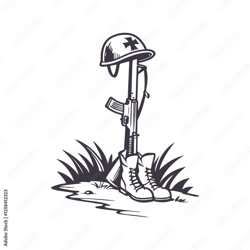 Obraz premium Fallen soldier memorial silhouette. American Independence or Memorial day Vector Clipart Illustration background.